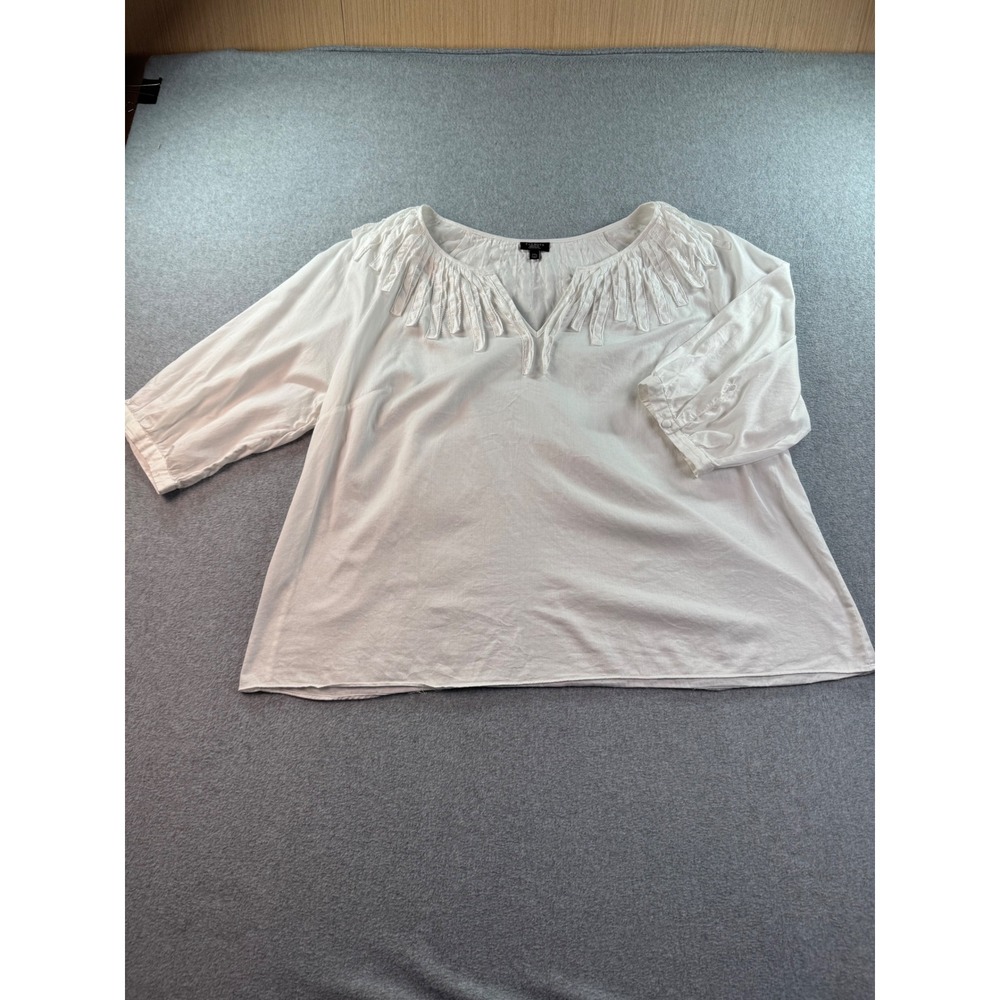 Talbots Woman Petites White Fringed V-Neck Blouse 2XP Cotton 3/4 Sleeve Top